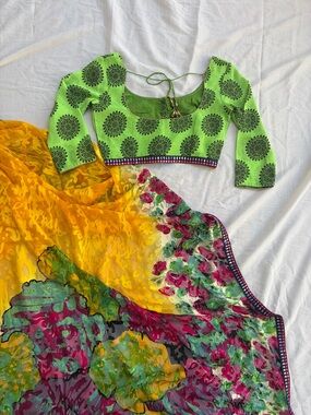 Indian Floral Yellow Saree with Lime Green Printed Blouse | Size 226 | 2 Piece